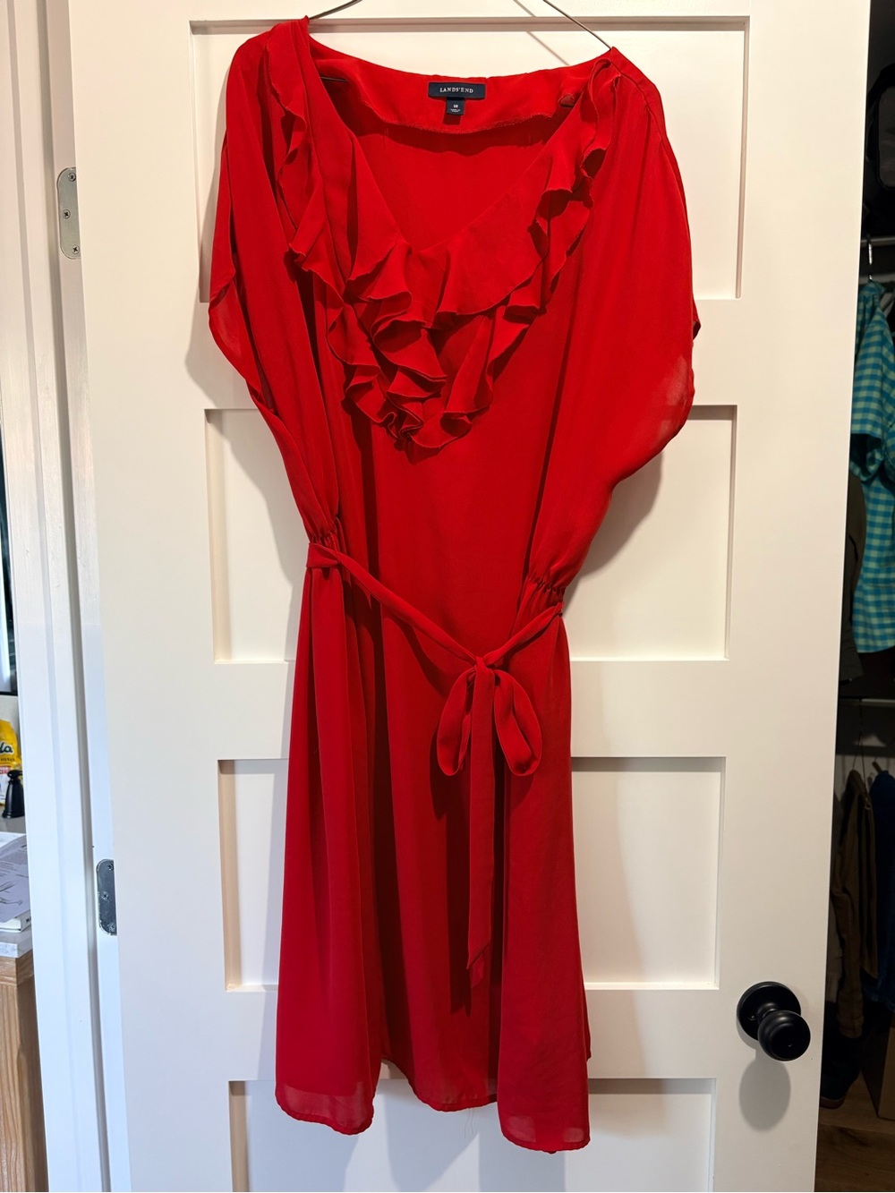 Lands' End Red Ruffle V‑Neck Dress with Tie Waist
